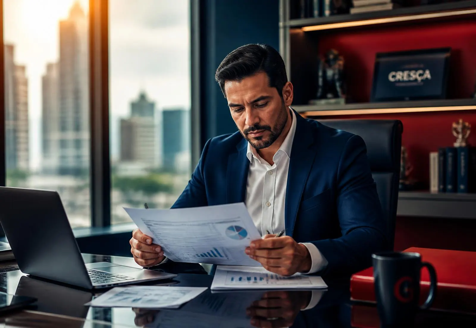 Empresário brasileiro em escritório corporativo